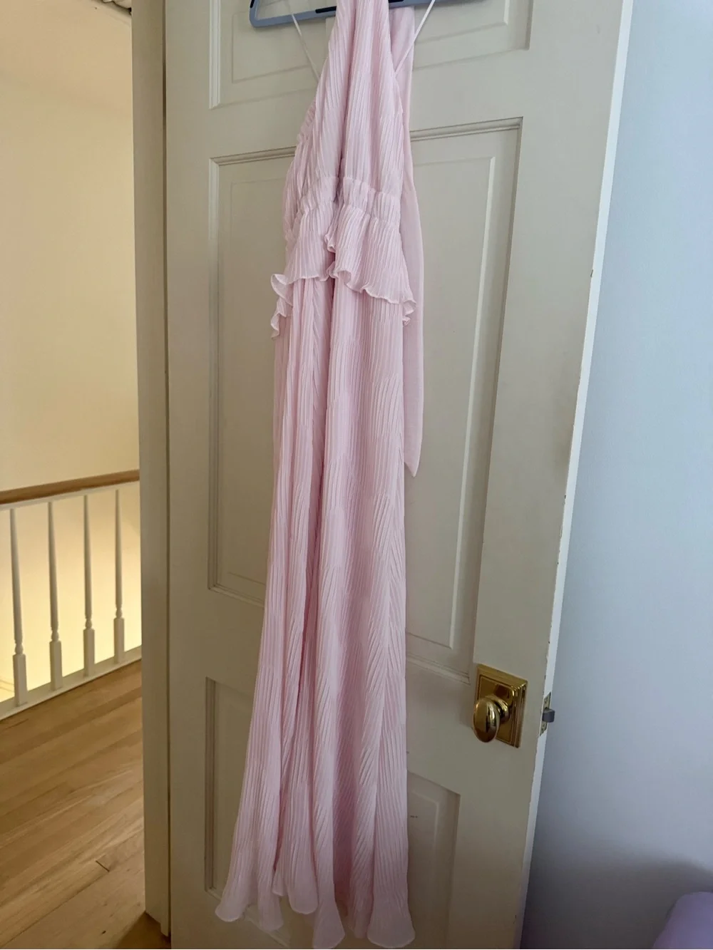 Ramy Brook Pale Pink Halter Plunge Ruffle Maxi Dress